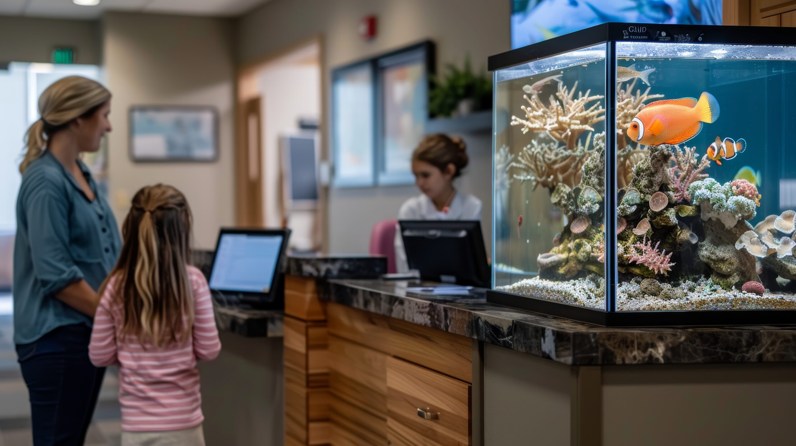 A mother and daughter in a modern doctor's office while orange fish swim in a fish tank.