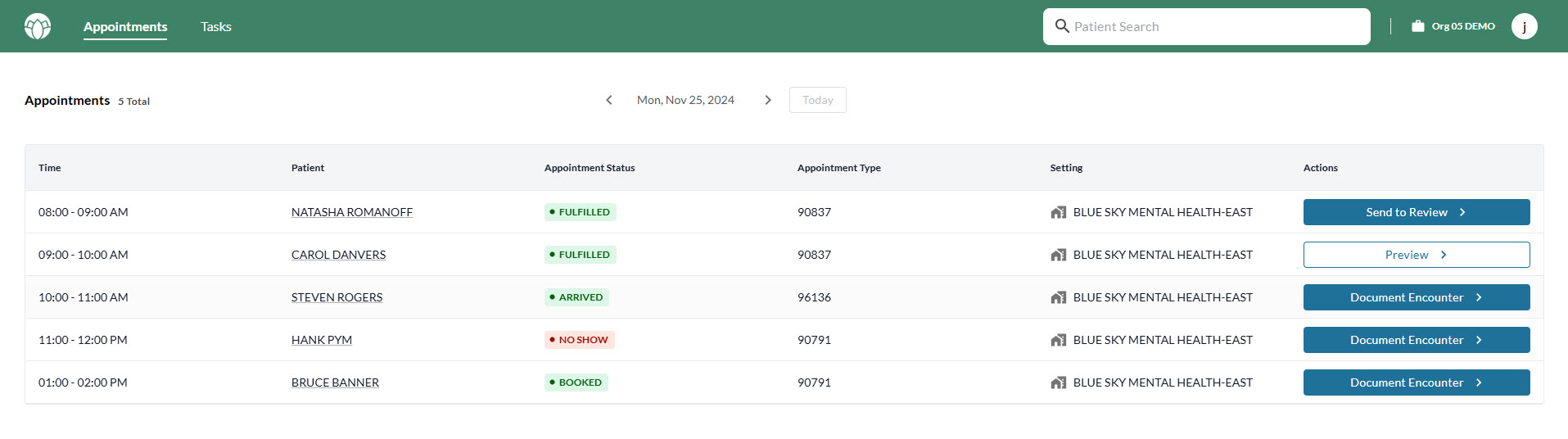 Appointments page screenshot image, showing patient appointment scheduling using Prosperity EHR software.
