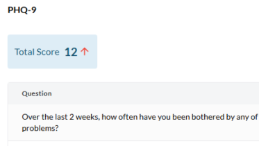 PHQ-9 test score results on behavioral health management software.