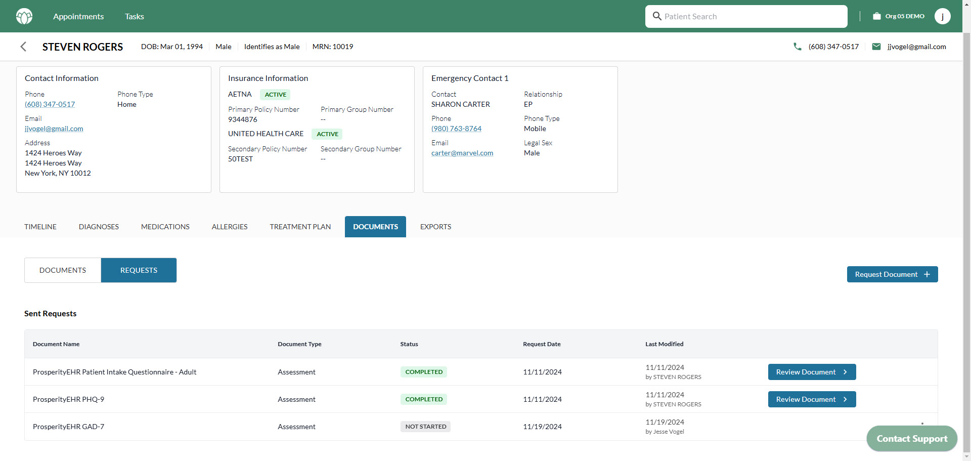 An example of the ProsperityEHR software documents section, showcasing patient document requests.