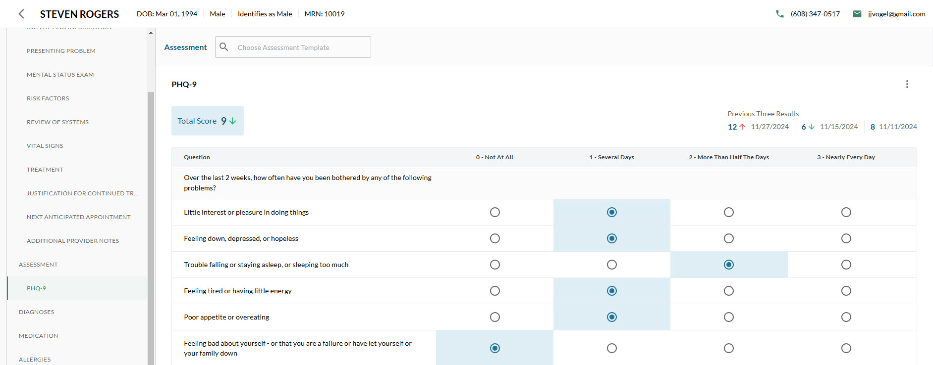 PHQ-9 assessment image score in behavioral health assessment tool software.