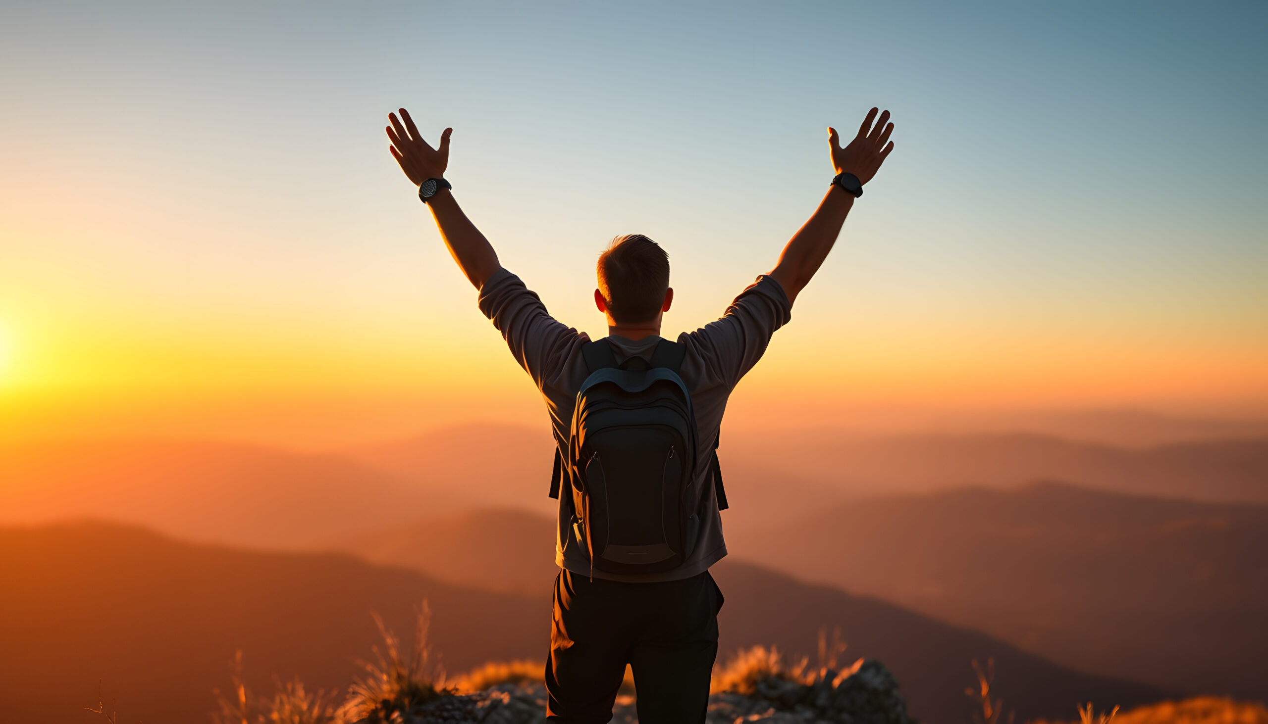 Man with arms up celebrating on top of the mountains, symbolizing triumph or accomplishment.