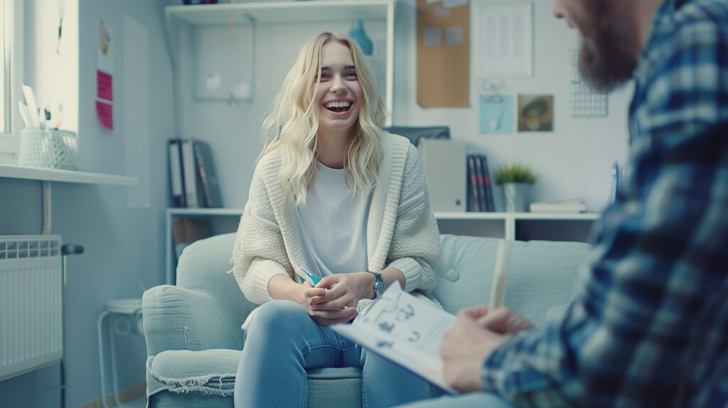 Woman smiles with a behavioral health professional in a healthcare setting.