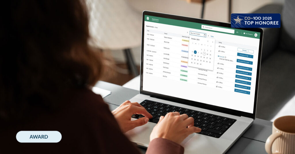 Provider accessing ProsperityEHR platform on laptop with "CO-100 Honoree" badge overlaid